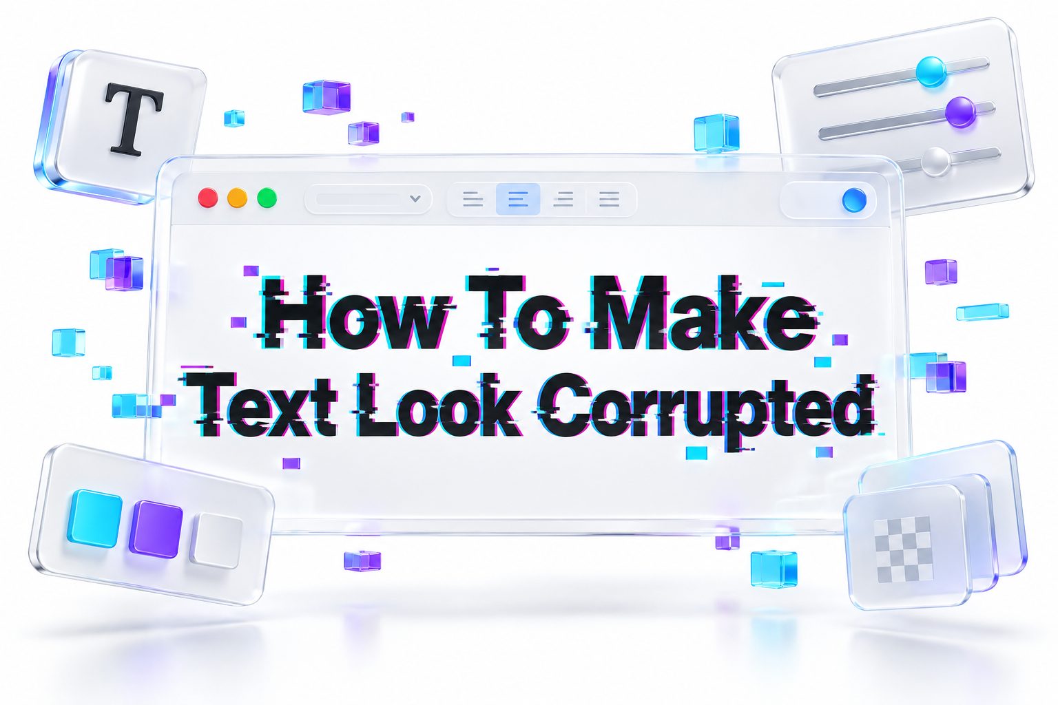 Glitched text with distorted letters and RGB split effect on dark background
